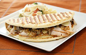 Grilled Turkey Chalupa with Roasted Onion, Mushroom and Swiss